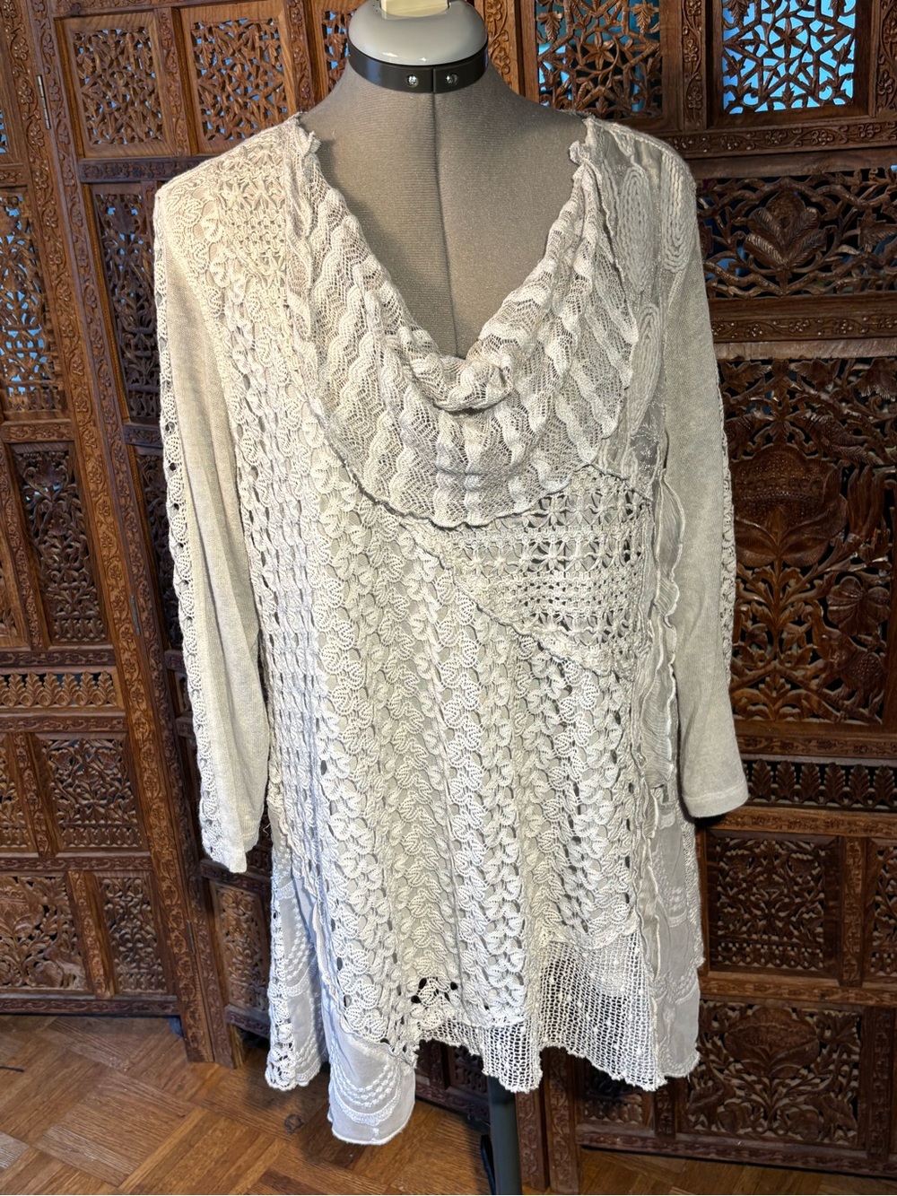 Ali Miles Cream Crochet Knit Cowl-Neck Sweater